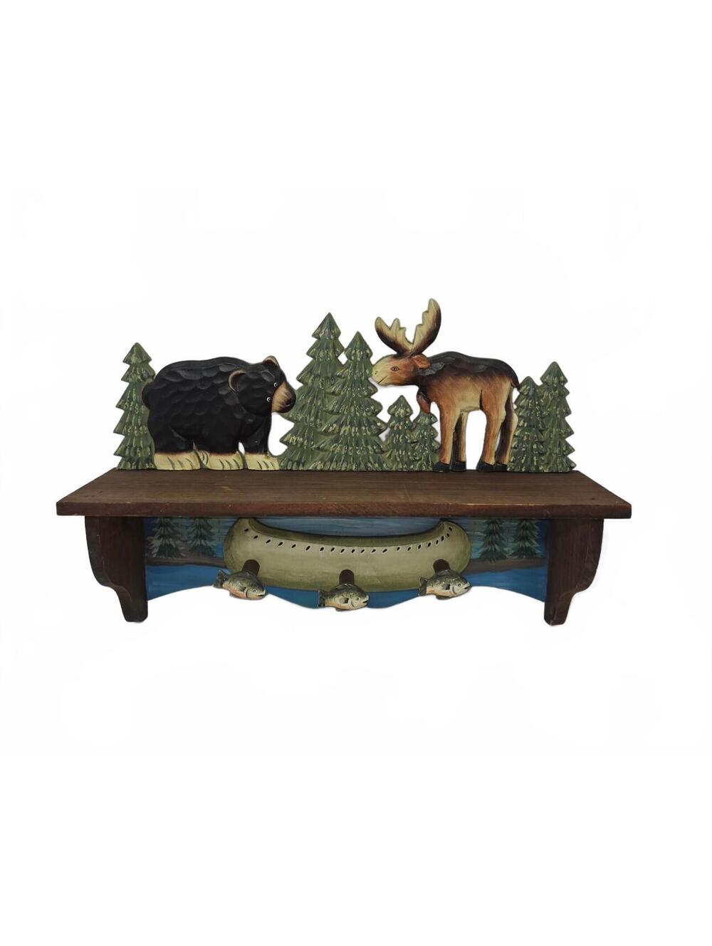 Home Interiors Bear Moose Wall Shelf Fish Hooks Rustic Cabin Woodland Decor